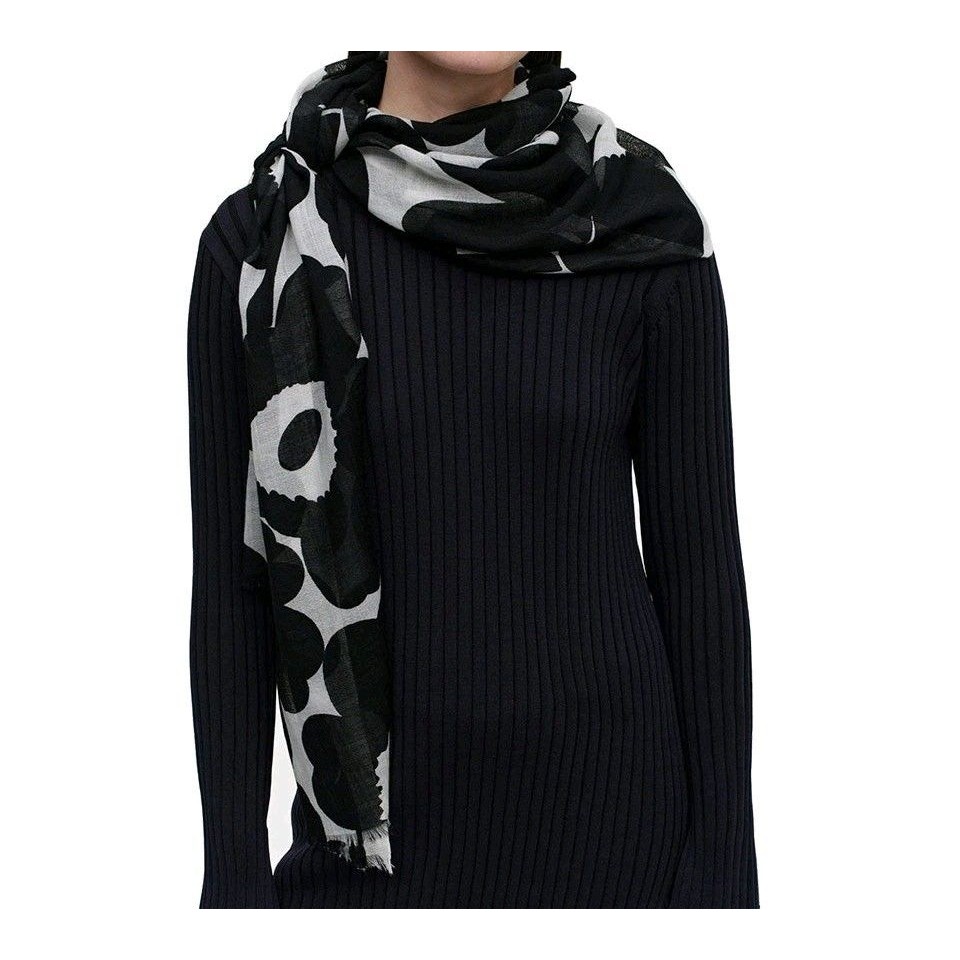 Marimekko Fiore Unikko Lightweight Sheer Wool Scarf Black White